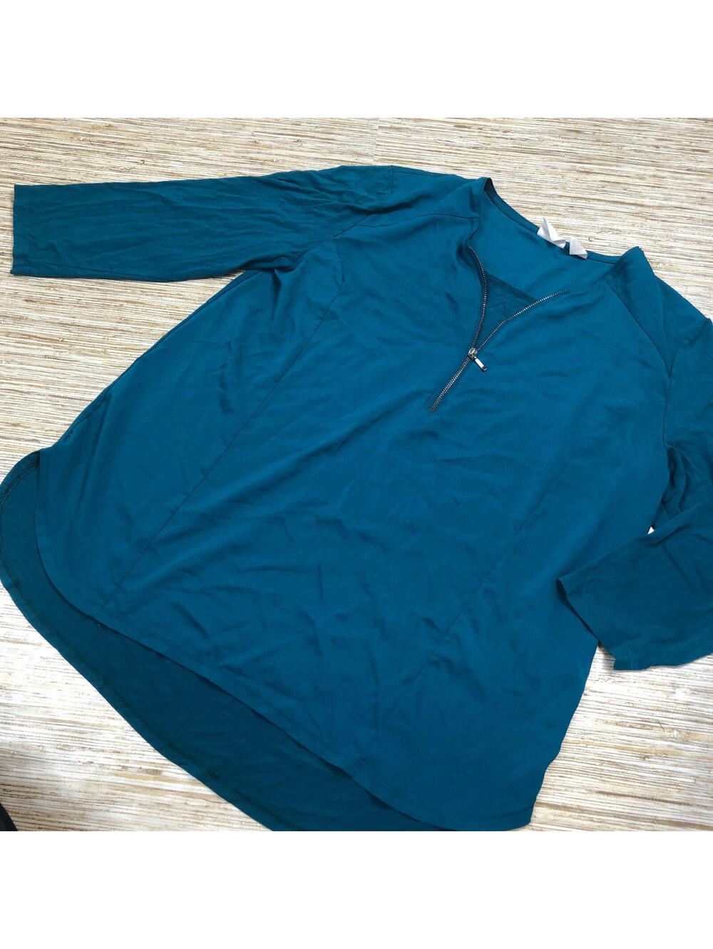 2789 Chico's zip front 3/4 sleeve mixed media blouse TEAL GREEN sz 2 (medium)